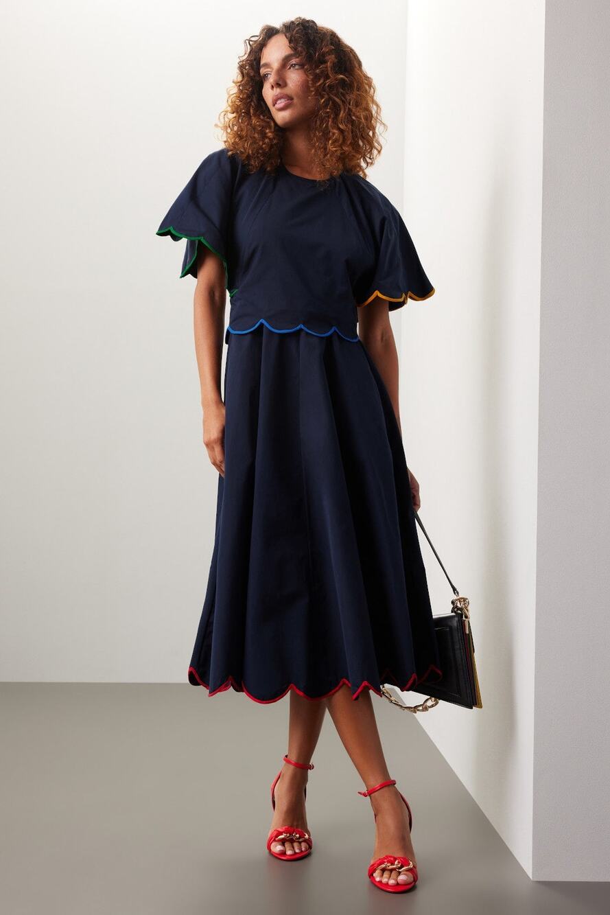 Rosie Assoulin Buttercup Navy Cotton Taffeta Ruffle Midi Dress Size 6 $1495